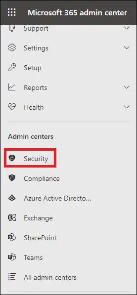 Navigate to the Office 365 Admin Center and click the Security button.