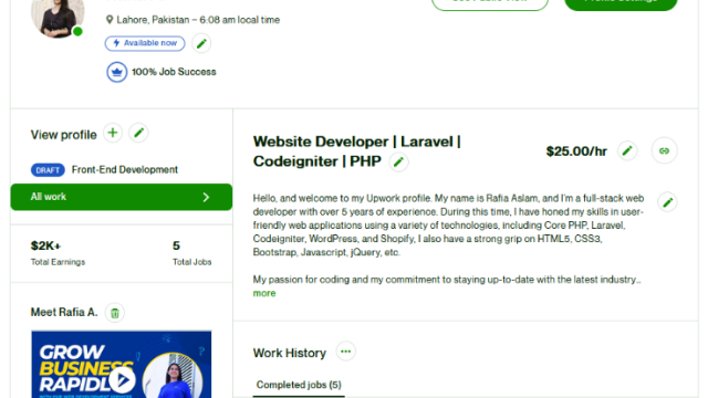 Upwork Developer with 100% Success Rating and 5 Years’ Experience- Rafia Aslam