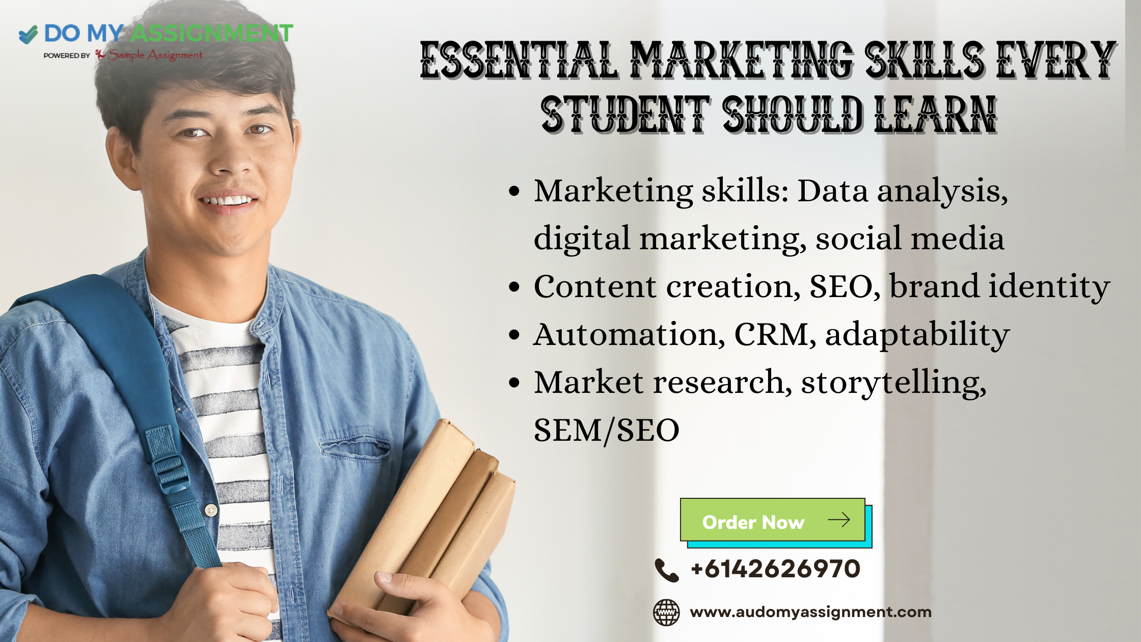 A vibrant image featuring students with textbooks, and a notepad, creating a productive atmosphere. The text overlay reads, "Essential Marketing Skills Every Student Should Learn" emphasizing a focus on efficient and reliable academic support.